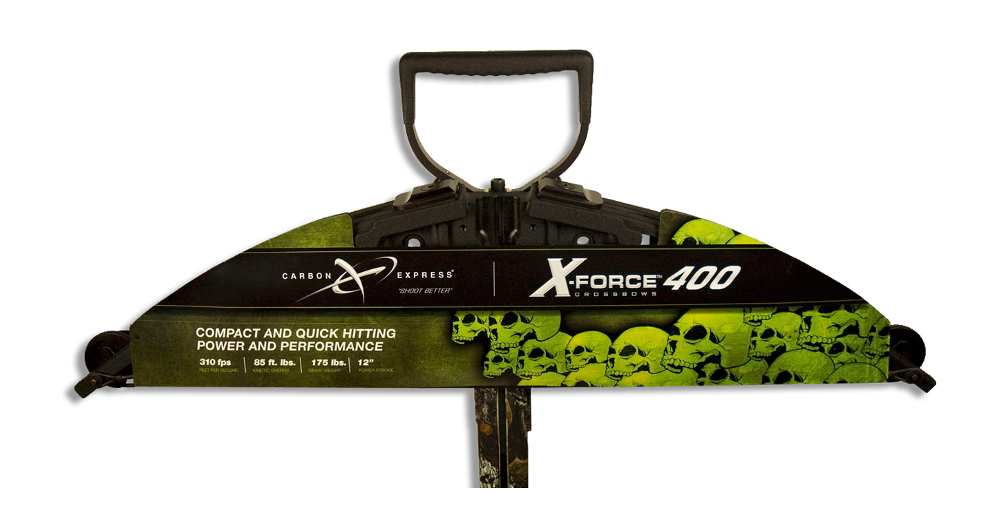 This unique product wrap is designed to help in the shop-ability of the Carbon Express crossbow line. This bold design and strong brand presence makes an impact and attracts potential consumers to the crossbow section in a crowded retail environment.